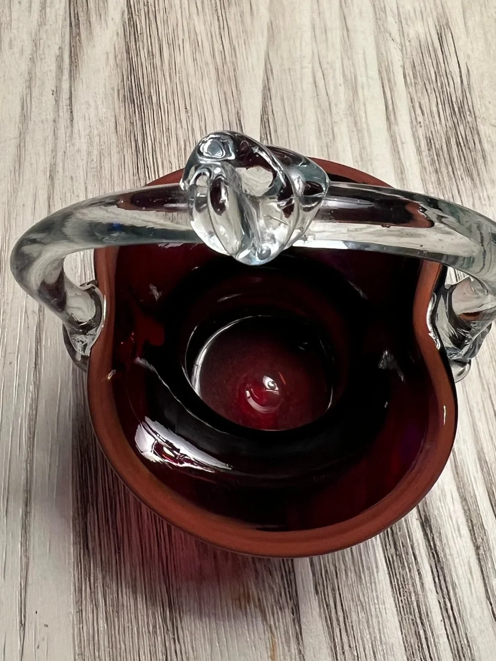 Hand Blown Ruby Red Art Glass Basket Clear Handle Decorative Bowl Vase